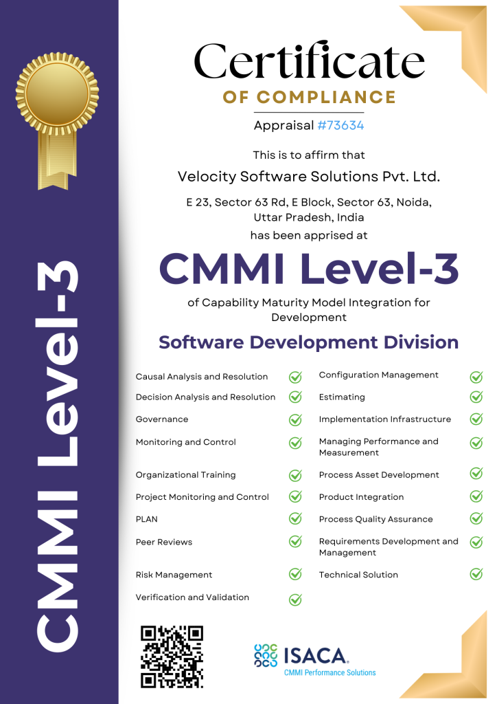 Velocity CMMI Level 3 Certification Certificate of Achievement