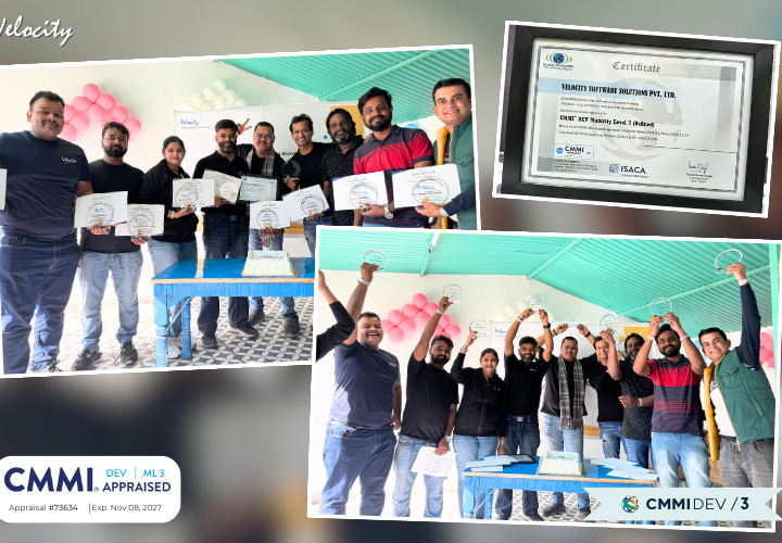 Velocity CMMI Level 3 Certification Recognizing Contributions with Trophies and Certificates