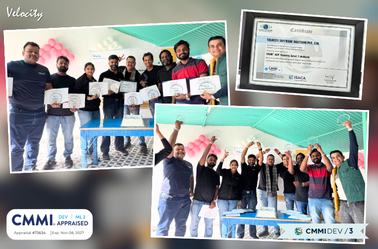 Velocity CMMI Level 3 Certification Recognizing Contributions with Trophies and Certificates